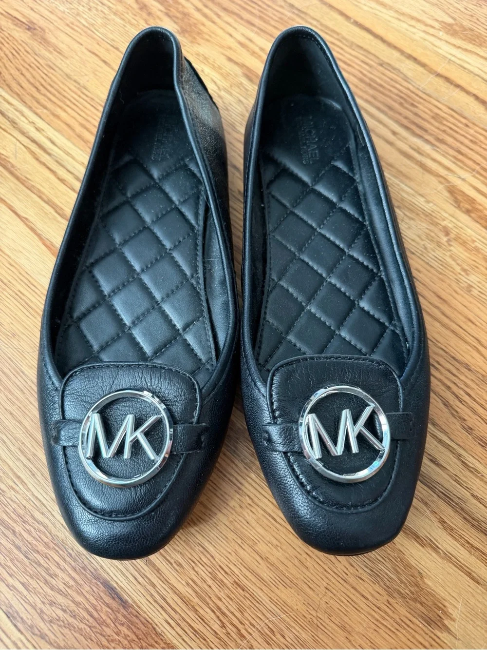 Michael Kors Black Quilted Leather Ballet Flats with Silver MK Emblem